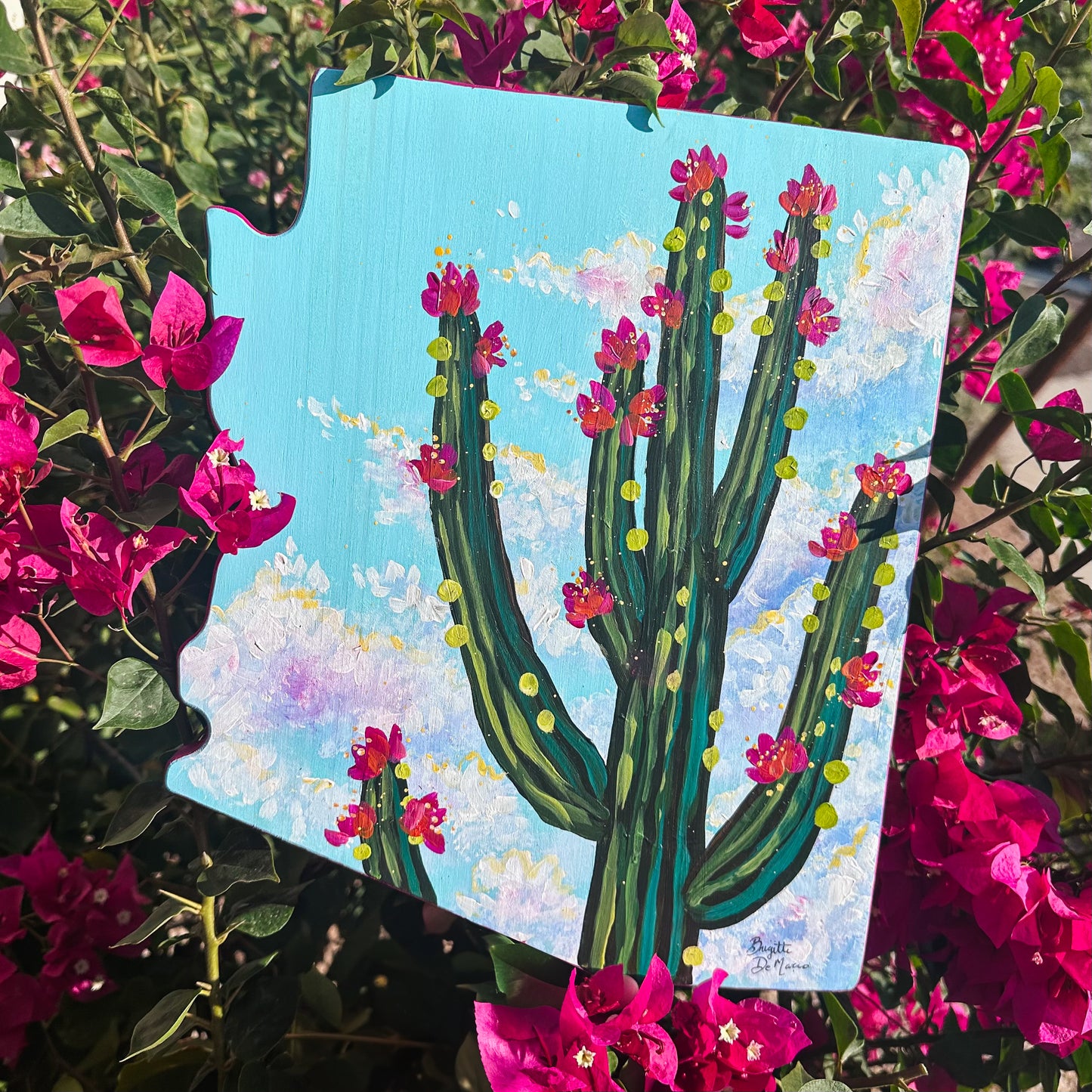 Original Arizona Wood Painting - Blooming Saguaro