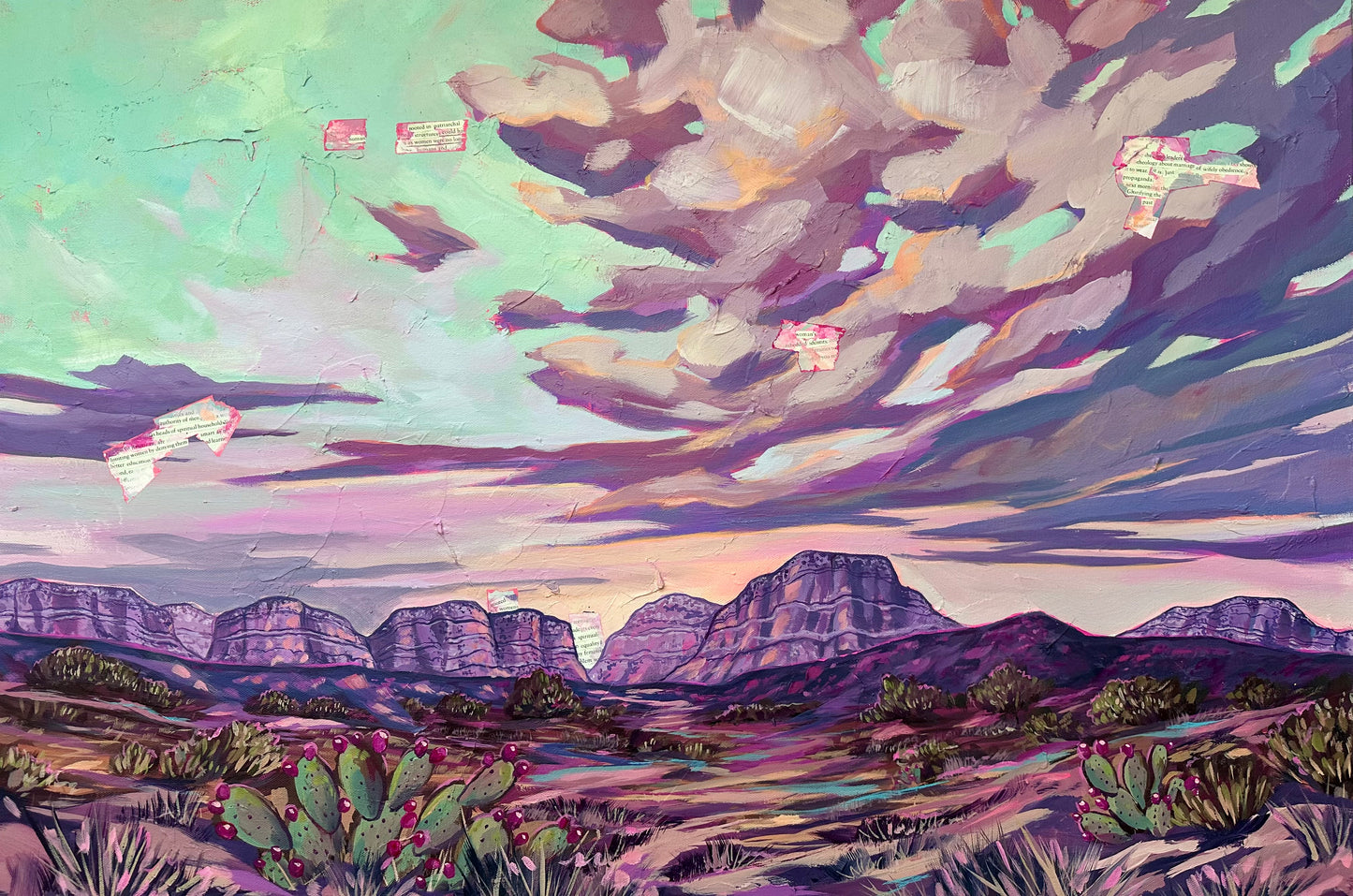 Colorful landscape painting with mountains and cacti under a vibrant sky.