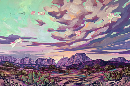Colorful landscape painting with mountains and cacti under a vibrant sky.