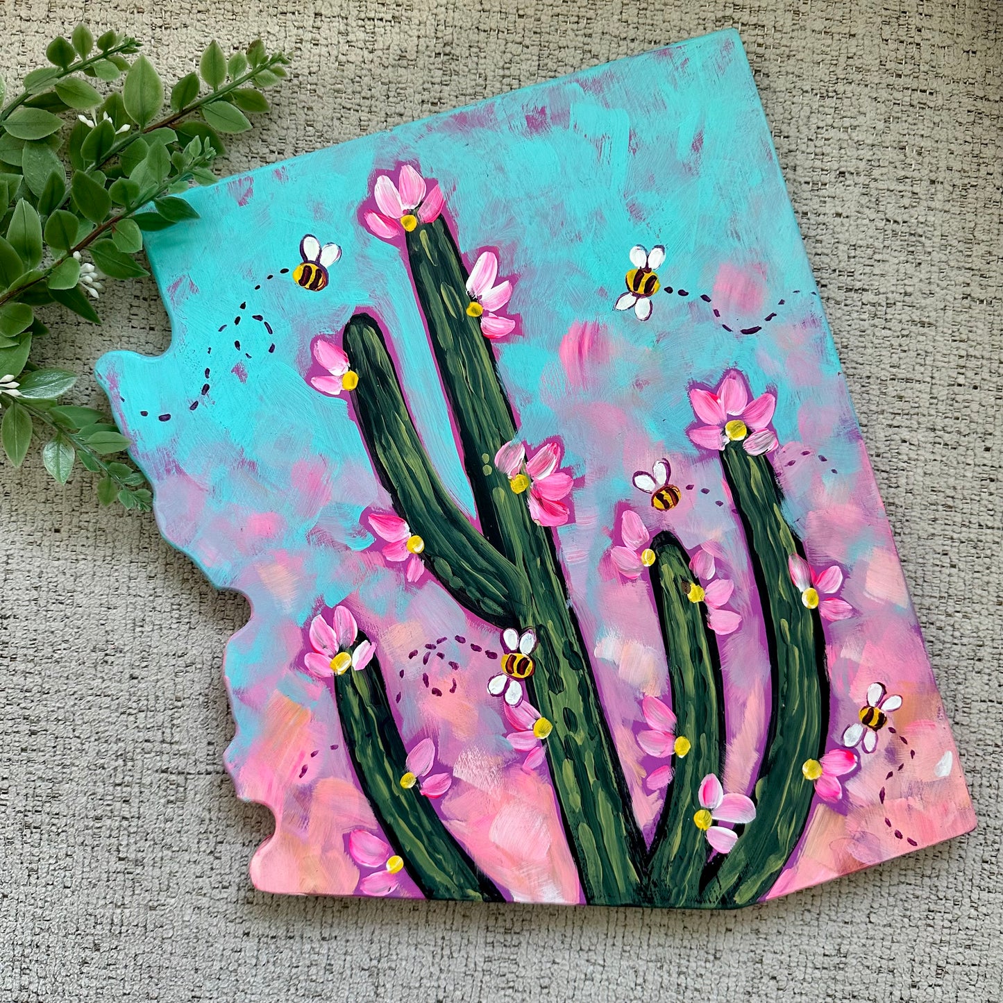 Saguaro Bloom and Bees - Original Painting on Wood AZ Canvas