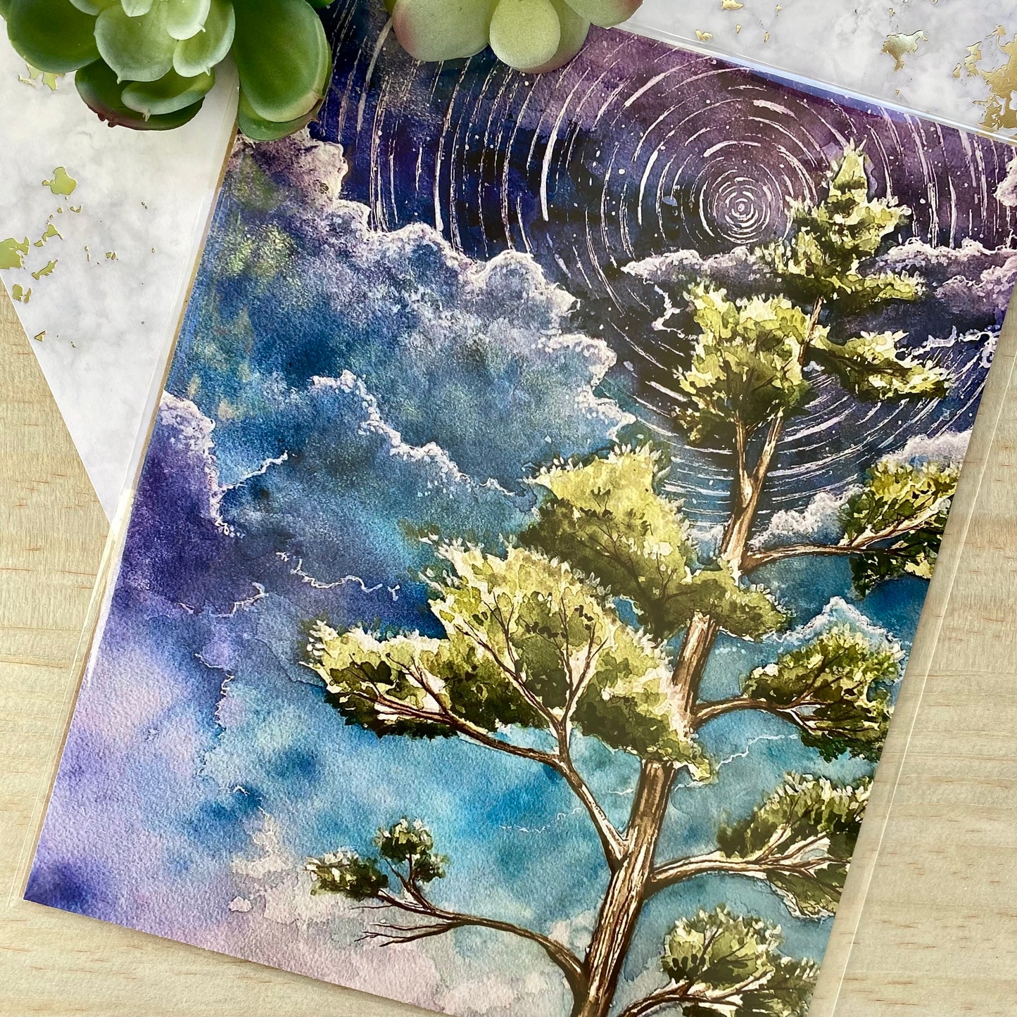 Pine Tree and Swirling Stars Print